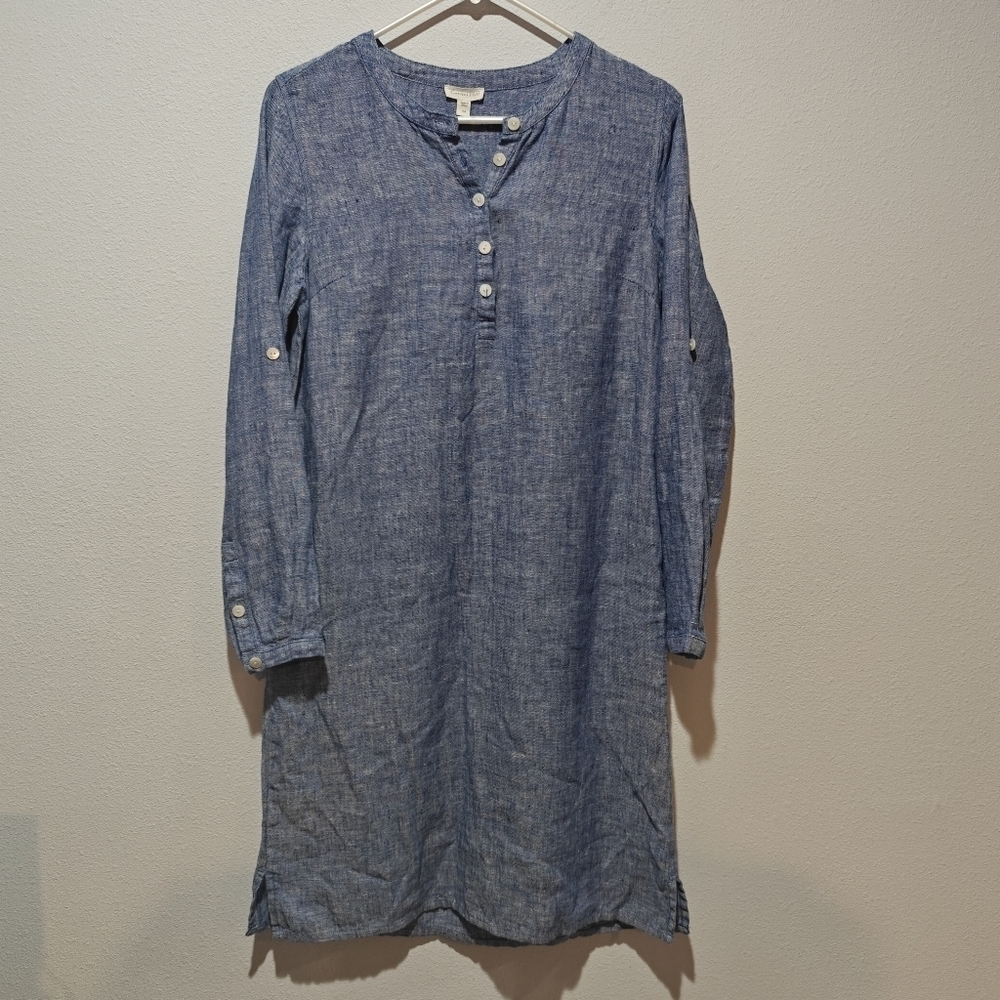 100% Linen Garnet Hill Dress Size 4 Blue Long Sleeve Boxy - Picture 2 of 6